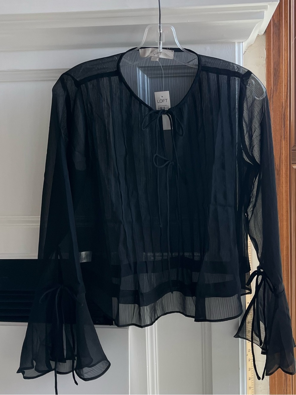 LOFT Black Sheer Pintucked Bow Tie Long Sleeve Blouse with Bell-Shaped Cuffs